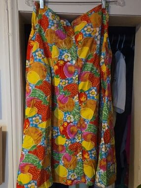 Vibrant Multi-Color Fruit Print Button-Front Skirt